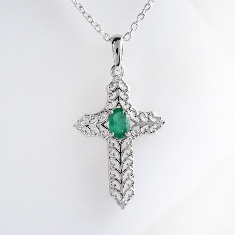 Elegant Emerald Filigree Cross Pendant | Sterling Silver Scrollwork Design | Inspirational May Birthstone Jewelry