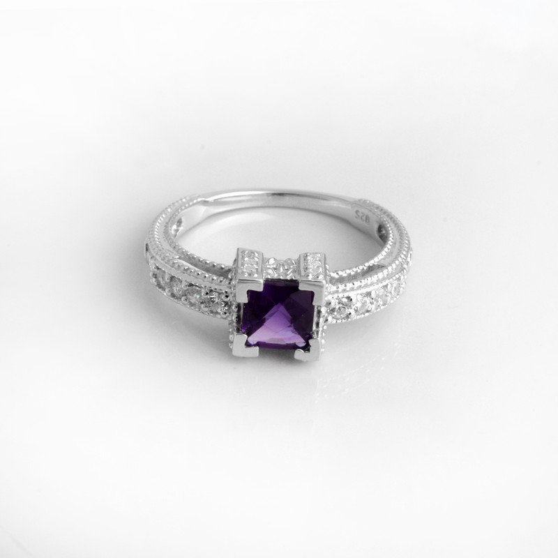 Embrace Tranquility: Princess Cut Amethyst and Sterling Silver Ring