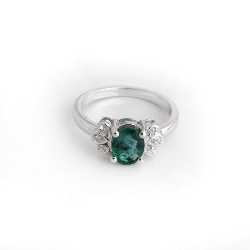 Oval Emerald with Floral CZ Accents in Sterling Silver Ring