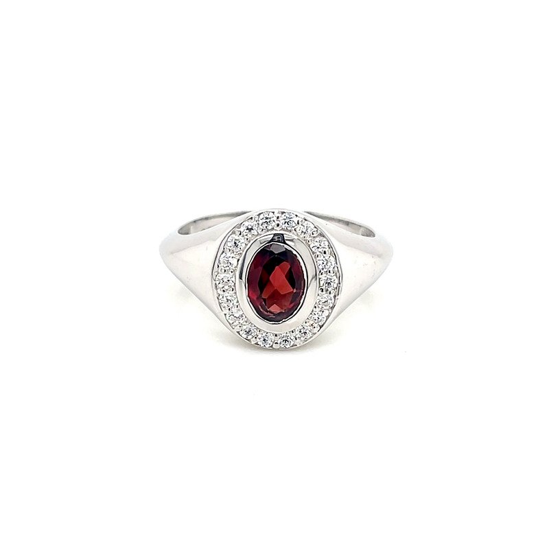 Sterling Silver Oval Garnet Ring with CZ Halo ? Elegant January Birthstone Statement Ring