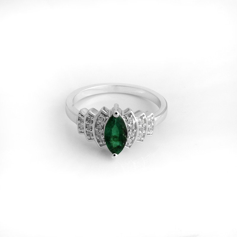 Marquise Emerald with Geometric CZ Accents in Sterling Silver Ring