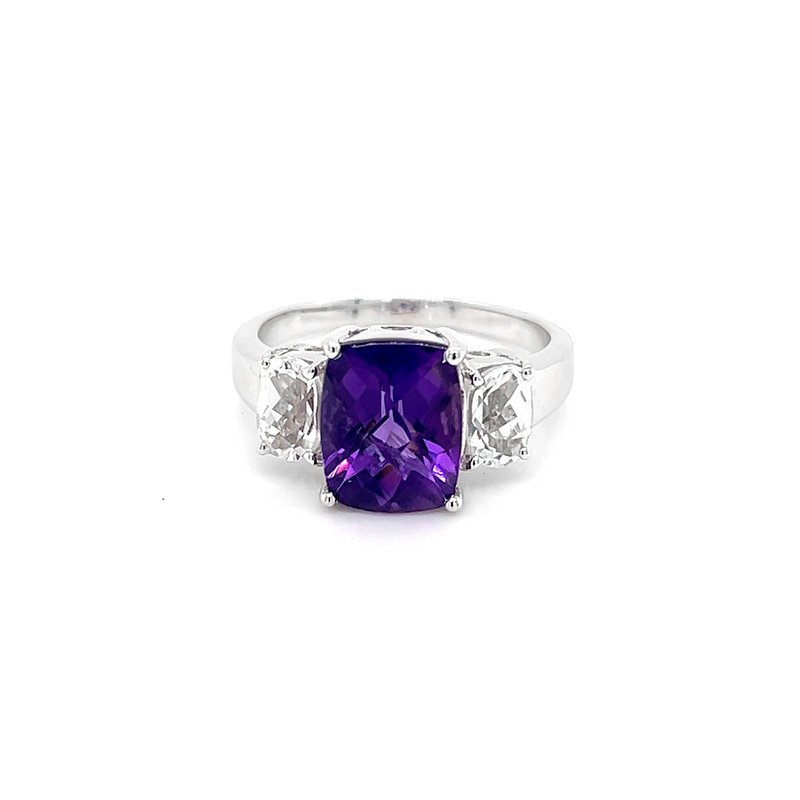 Sterling Silver Cushion-Cut Amethyst & White Topaz Three-Stone Ring ? Timeless Elegance with February